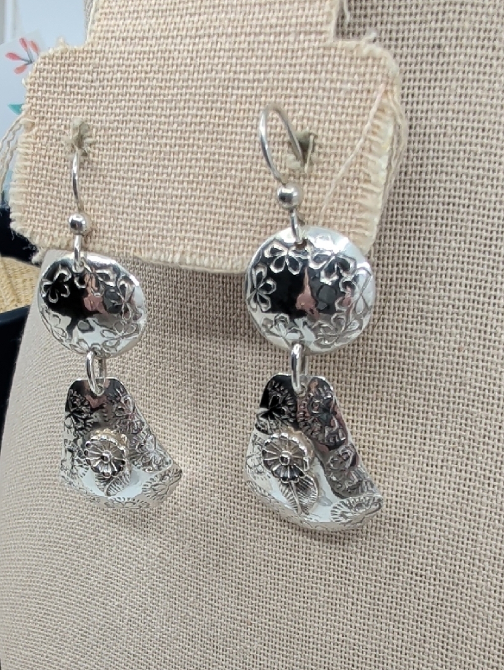 Sterling Silver 925 Floral Drop Earrings Florida Keys Artisan BJH Vintage 1990s - Picture 10 of 17